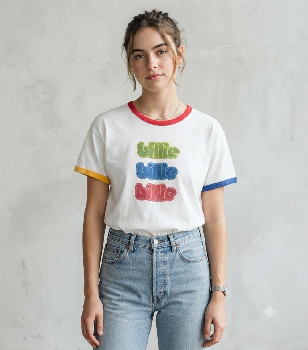 Billie Eilish White Organic Cotton Multi-Color Ringer Graphic Tee Y2K Pop Size S